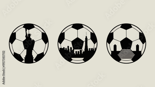 Three soccer balls are depicted each silhouetted with iconic landmarks representing new york city within their panels high quality professional detailed modern elegant stylish clean crisp