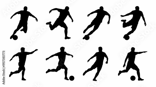 A collection of black silhouettes depicts various dynamic poses of people playing or practicing football showcasing athletic movement high quality professional detailed modern elegant stylish clean