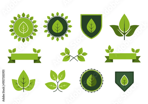 Vector flat design illustration of various green leaf icons and banners in a flat lay composition against a clean white background.