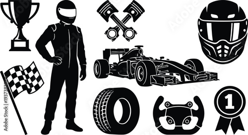 Flat design silhouette racing driver standing with helmet next to formula race car trophy steering wheel and checkered flag tire