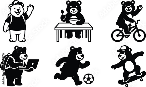 Flat design monochrome bear icons set showing backpacker smiling waving eating at table biking laptop user playing soccer and skateboarding