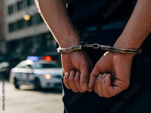 Man with handcuffs behind back getting arrested by the police
