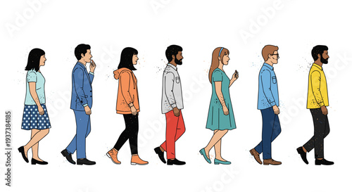 A diverse group of seven cartoon-style individuals, including men and women, walks in a single file line from left to right against a plain white background.