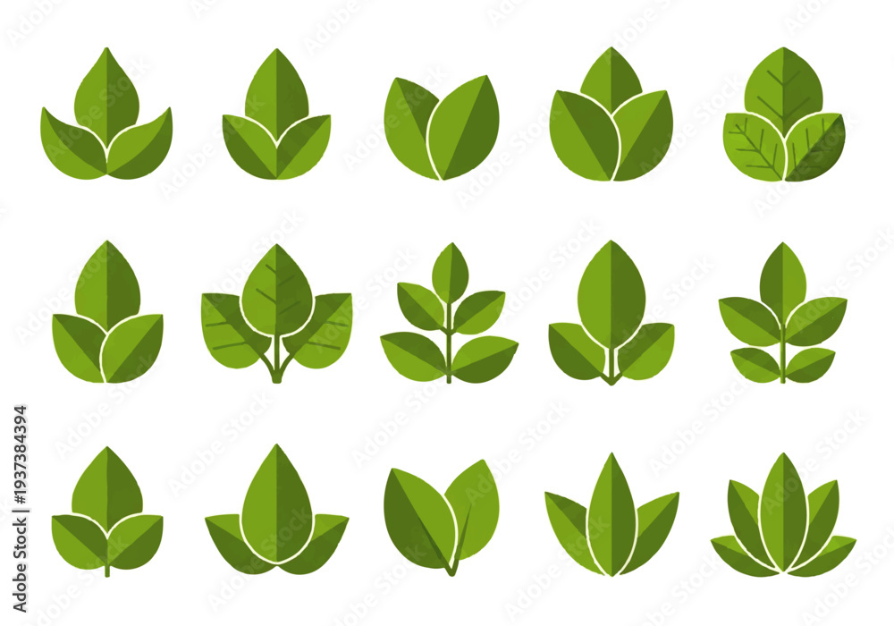 Fototapeta premium Vector flat design illustration of various green leaves in a simple, organized layout on a white background.
