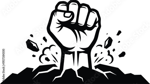 Tattoo flash close up raised fist breaking through cracked ground bold black and white vector symbol of power solidarity unity