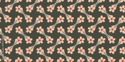 Repeating Pattern of Delicate Pink Flowers on Stems on Dark Green Background floral