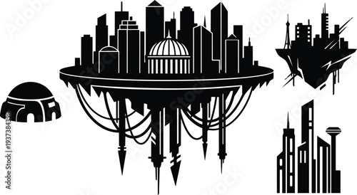 Silhouette vector floating city aerial view with cables domed capitol building futuristic skyline low angle high contrast