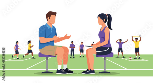 A male coach and a female athlete are seated and conversing in the foreground on a green sports field with other athletes in the background.