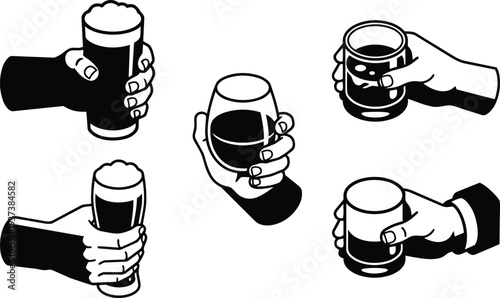 Minimalist vector icon set of hands holding beer glasses in varied grips from low angle close up bold contrast silhouette