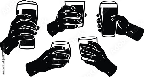 Minimalist vector line art hands holding beer glasses set five angles close up bar celebration flat design black silhouette icons