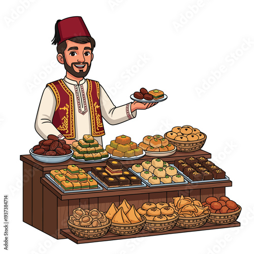Vendor presenting assorted pastries and sweets on a wooden stall