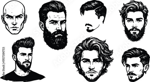 Line art vector heads collection eight male faces varied beard and hairstyle close up frontal and three quarter views portrait