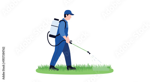 A male worker in a blue uniform is walking and spraying liquid from a backpack sprayer onto a patch of green grass.