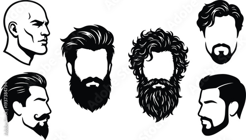 Vector art hipster beard and hairstyle set multiple male head silhouettes side profiles and front faces detailed line art collection