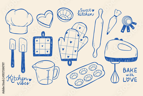 Collection of kitchen essentials for baking. Hand-drawn illustration of cooking tools with lettering phrases. Muffin pan, pot holder, hand mixer, cake tins, chef hat, rolling pin, measuring spoon.