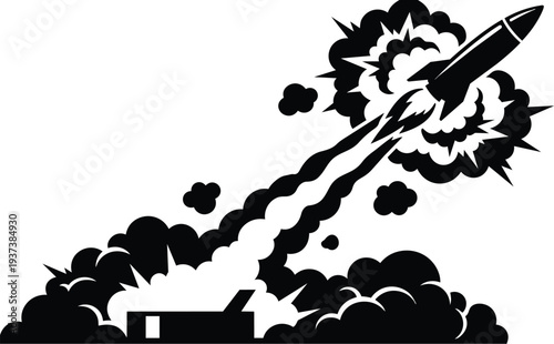Retro comic style low angle rocket launch silhouette exploding over small building thick smoke dramatic high contrast bold monochrome vector