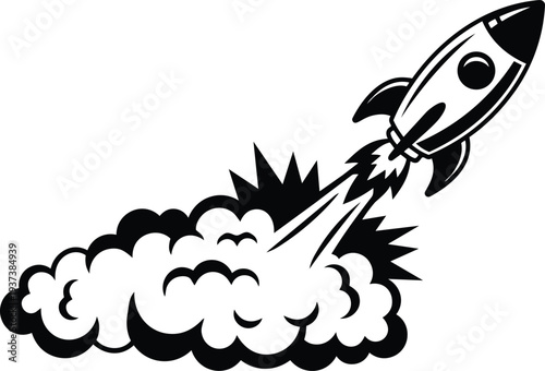 Retro cartoon rocket launching at low angle with smoke plume and starburst vector art bold black and white dynamic thrust