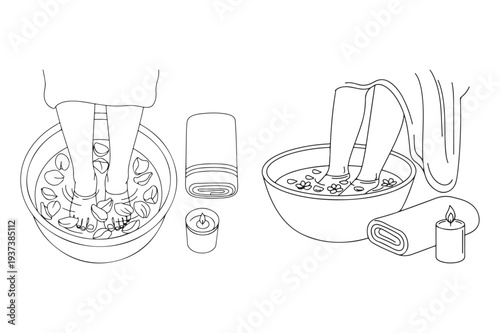 Foot Spa Treatment with Herbs, Candle, and Towel Line Art