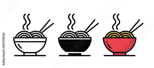 Colorful illustration of steaming noodle bowls with chopsticks