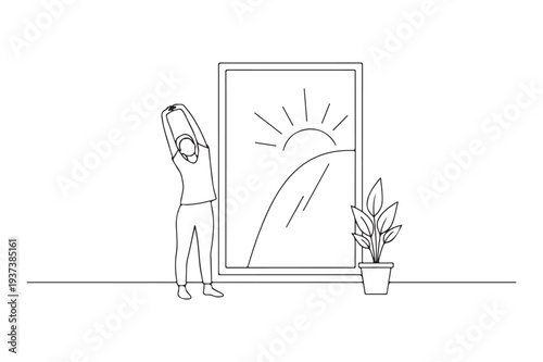 Person Stretching by Window at Sunrise with Potted Plant