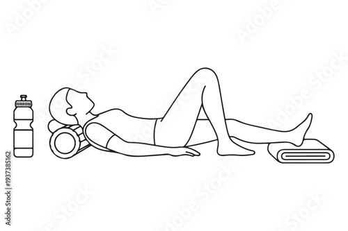 Person Relaxing on Foam Roller with Water Bottle and Towel