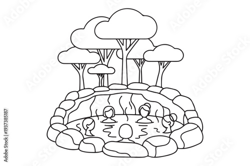 People Relaxing in Outdoor Hot Spring Surrounded by Rocks