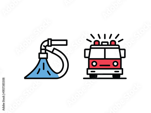 Cartoon fire truck and water pump illustration for emergency services and firefighting equipment