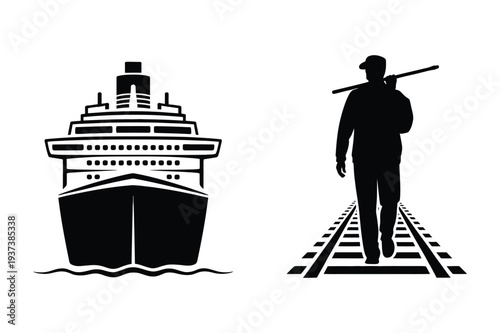 Cruise Ship and Railroad Worker Silhouette