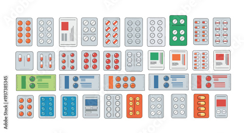 Thirty-five distinct blister packs and small rectangular boxes, each filled with various colored pills and capsules, are neatly arranged in a grid.