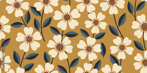 Seamless pattern of stylized white flowers with brown centers and dark blue leaves on a mustard yellow background