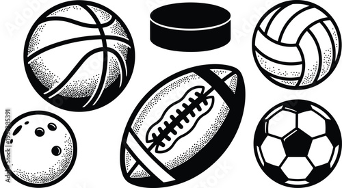 Stipple vector close up collection of six sports balls including basketball soccer volleyball rugby hockey puck flat black white illustration
