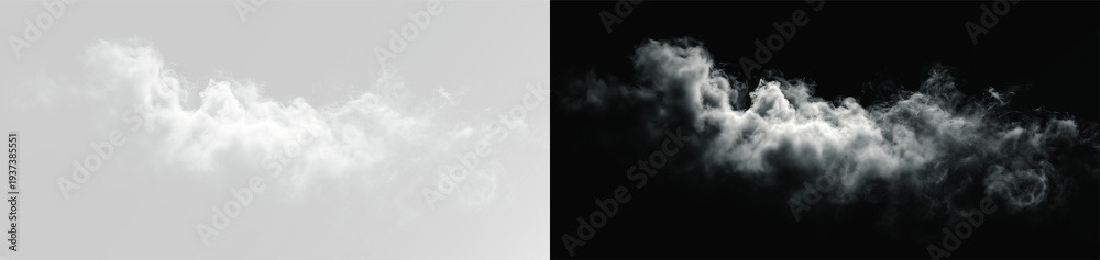 Obraz premium Realistic white smoke cloud isolated on white background, atmospheric steam puff overlay thin layer effect png