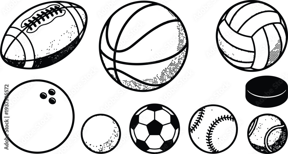 Fototapeta premium Line art top view collection of sports balls including football basketball volleyball bowling soccer baseball tennis and hockey puck set