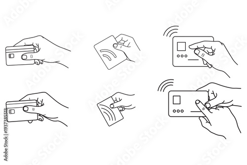 A series of illustrations depicting hands interacting with various electronic devices and cards