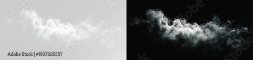 Foto Realistic white smoke cloud isolated on white background, atmospheric steam puff