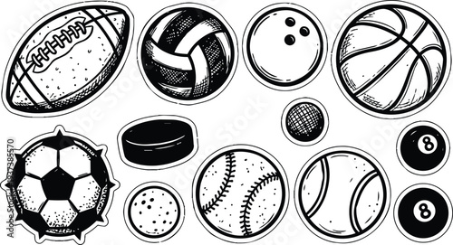 Hand drawn sketch assortment of sports balls football soccer basketball volleyball baseball hockey puck pool balls top view sticker style