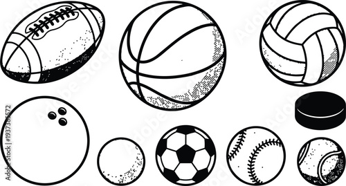 Line art top view collection of sports balls including football basketball volleyball bowling soccer baseball tennis and hockey puck set
