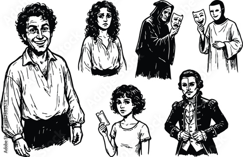 Hand drawn ink sketch theatrical character set close up smiling man sad woman hooded figure masked actor holding ticket period