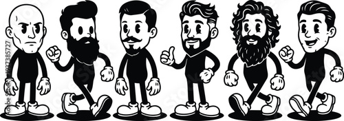 Vintage cartoon rubber hose style lineup of six male characters walking and gesturing with varied beards and hairstyles smiling friendly