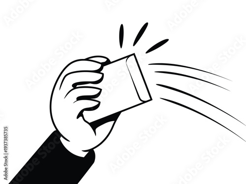 Hand Holding Can Spraying Black and White Cartoon Illustration