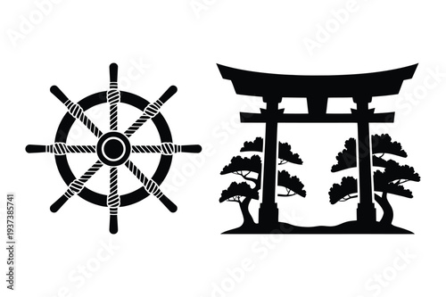 Ship Wheel and Torii Gate Silhouette