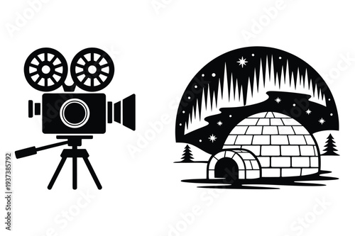 Vintage Film Camera and Igloo Scene - Silhouette Icon Set