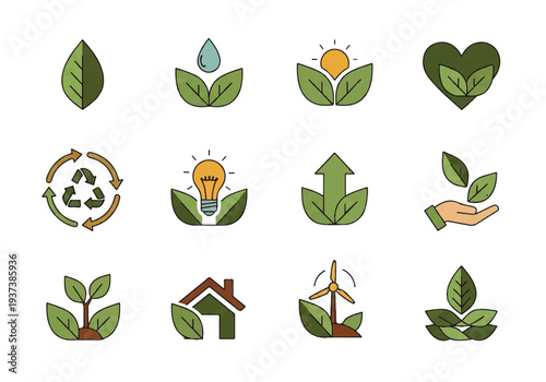 Vector flat design illustration of eco-friendly icons including leaves, recycling symbols, and sustainable living concepts on a white background.