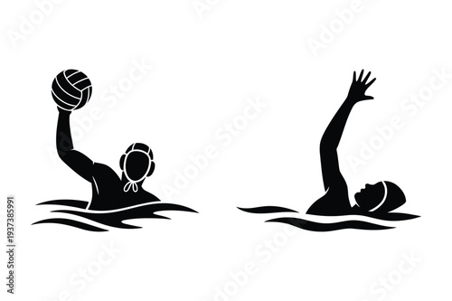 Water Polo Player with Ball and Swimmer Silhouettes
