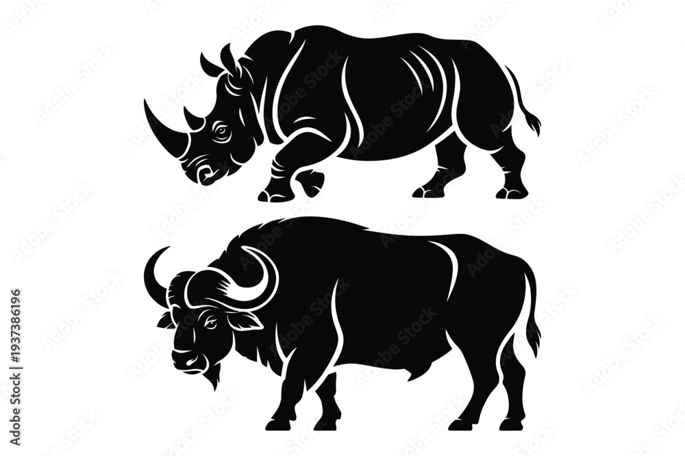 Fototapeta premium Rhinoceros and Bison Silhouettes