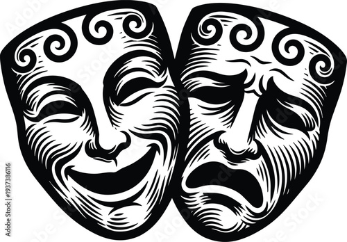 Woodcut style close up theatrical comedy and tragedy masks facing camera high contrast black white engraved vector art dramatic expression