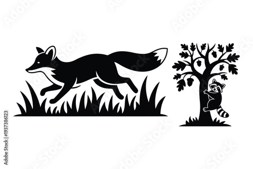 Fox Running and Raccoon in Tree Silhouette Vector