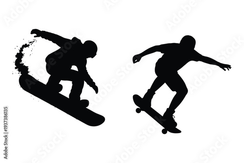 Snowboarder and Skateboarder Silhouettes in Action