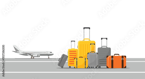 A diverse collection of yellow and grey suitcases is arranged on an airport tarmac with a passenger airplane in the background.