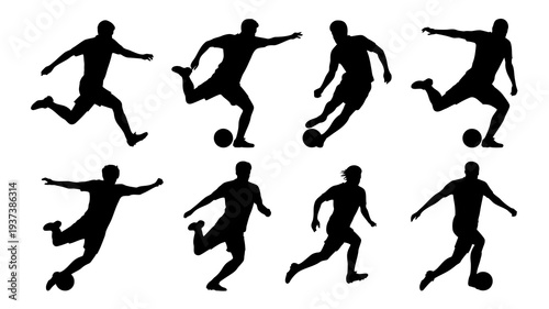 A collection of six dynamic silhouettes depicts athletes engaged in various active poses primarily focusing on soccer or similar sports high quality professional detailed modern elegant